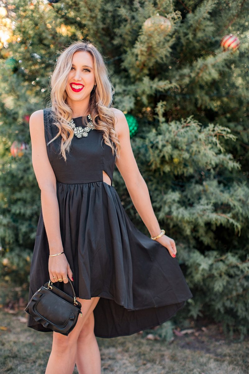 blush and camo, francesca's, holiday style, fashion blog, black dress, LBD, block heels 