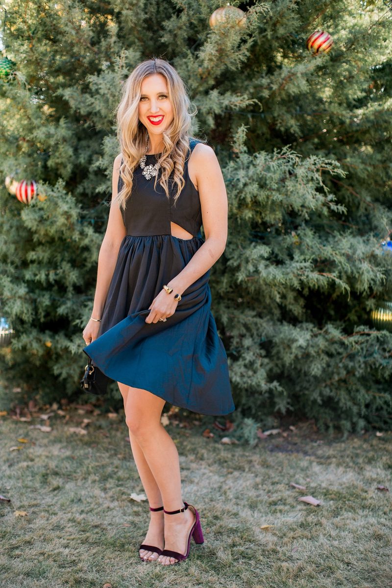 blush and camo, francesca's, holiday style, fashion blog, black dress, LBD, block heels 