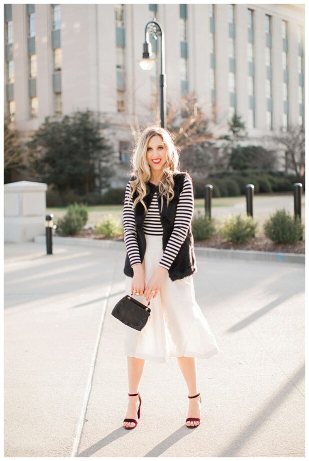 blush and camo, fashion magazine, black and white stripes, velvet block heels, fashion blog, winter style, chic style, faux fur vest