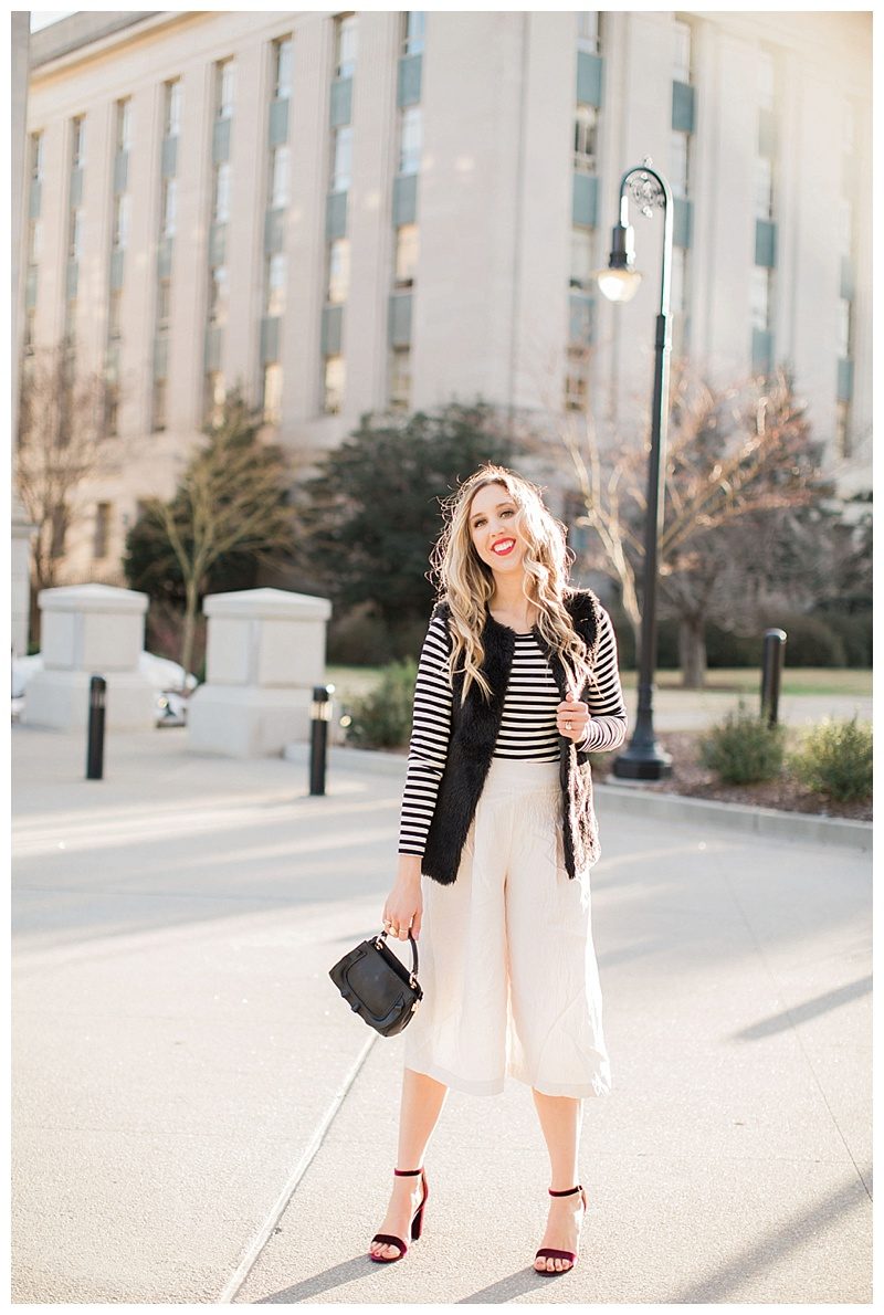 blush and camo, fashion magazine, black and white stripes, velvet block heels, fashion blog, winter style, chic style, faux fur vest 