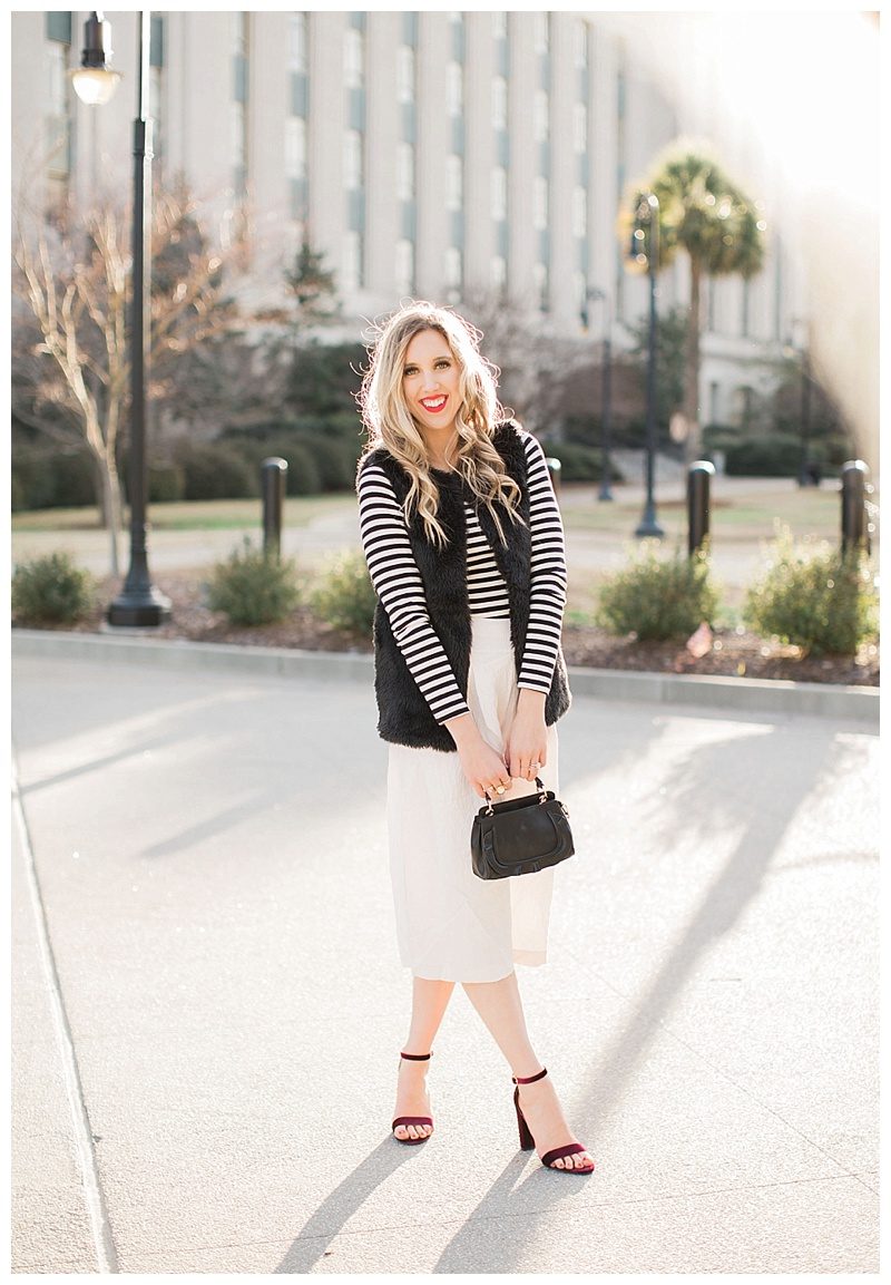 blush and camo, fashion magazine, black and white stripes, velvet block heels, fashion blog, winter style, chic style, faux fur vest 