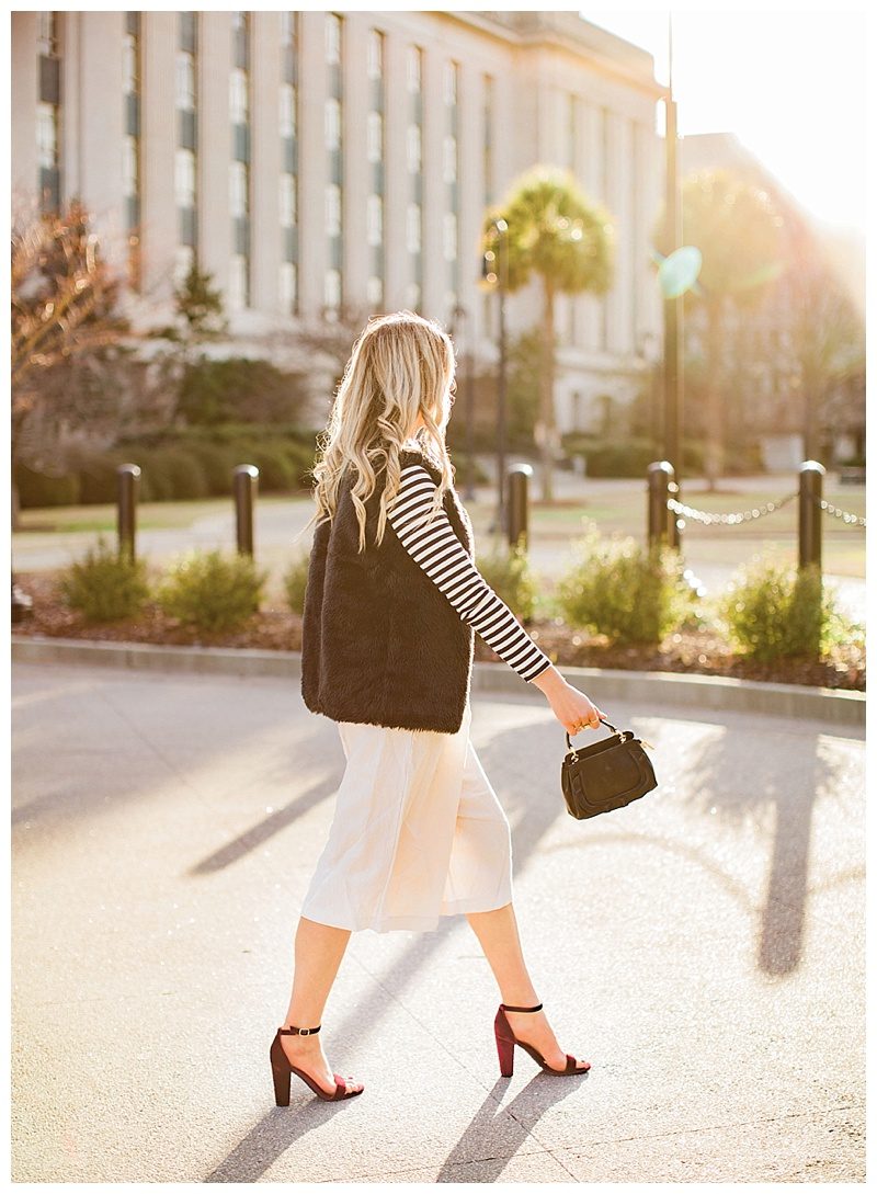 blush and camo, fashion magazine, black and white stripes, velvet block heels, fashion blog, winter style, chic style, faux fur vest