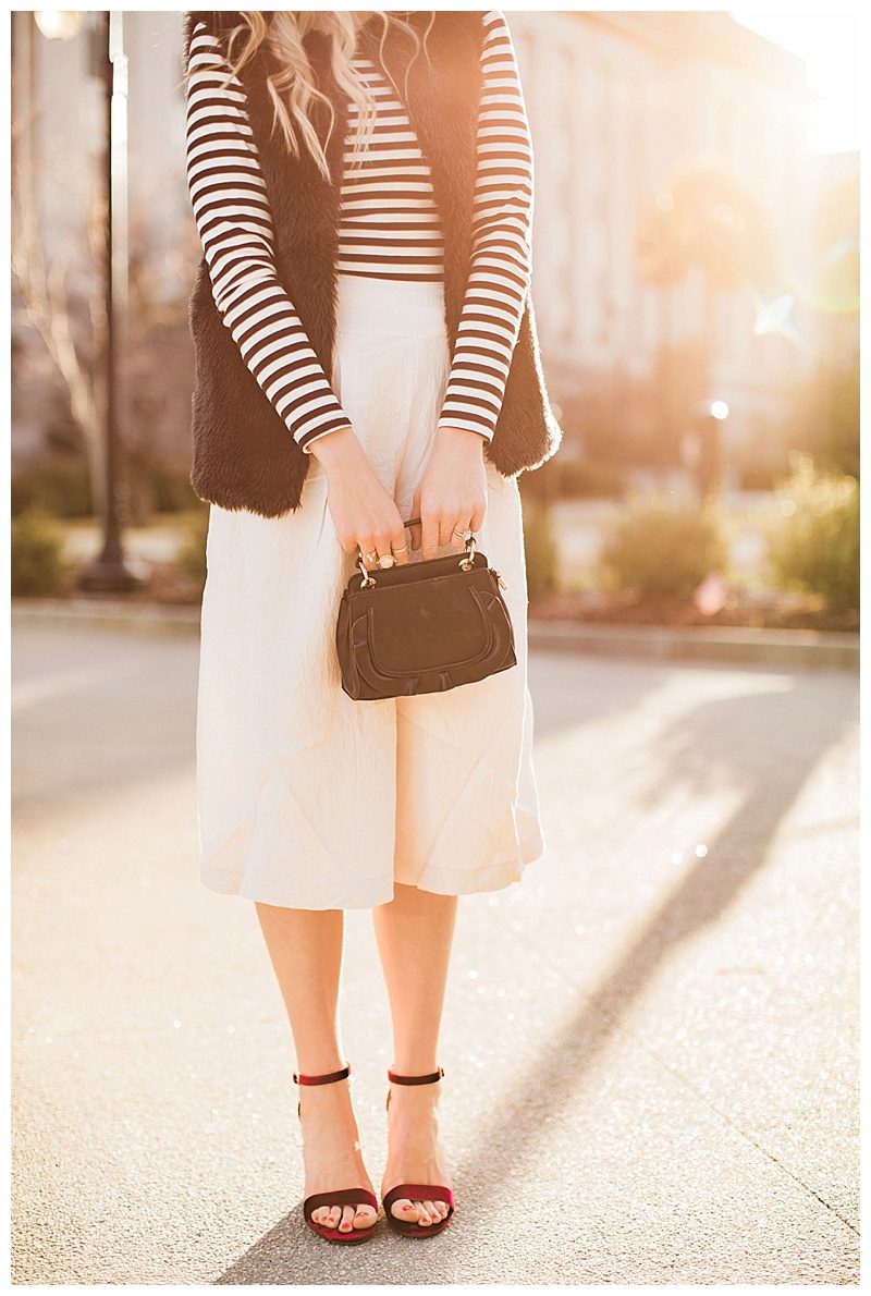 blush and camo, fashion magazine, black and white stripes, velvet block heels, fashion blog, winter style, chic style, faux fur vest 