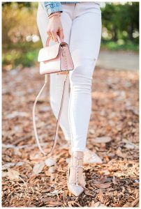 blush and camo, style blog, jean jacket, winter style, white jeans, oxfords