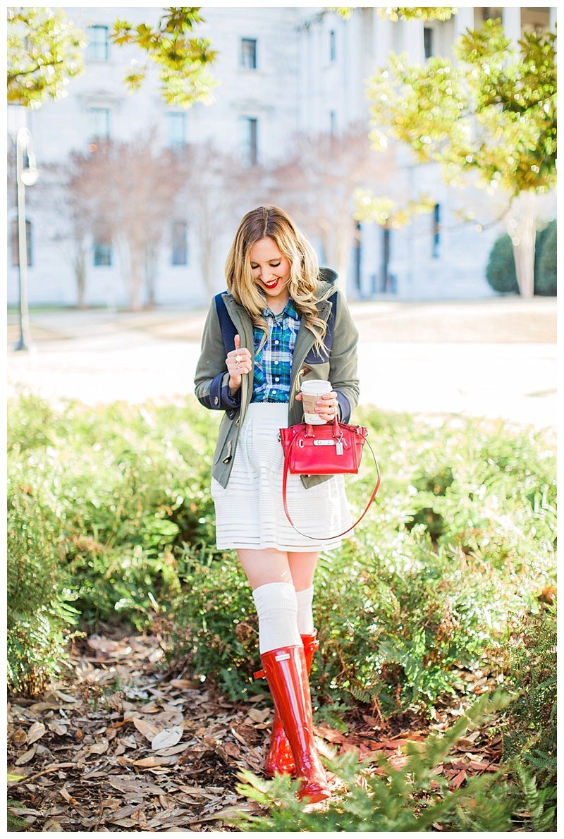 blush and camo, winter layers, style tips, hunter boots, coach bag, j. crew coat 