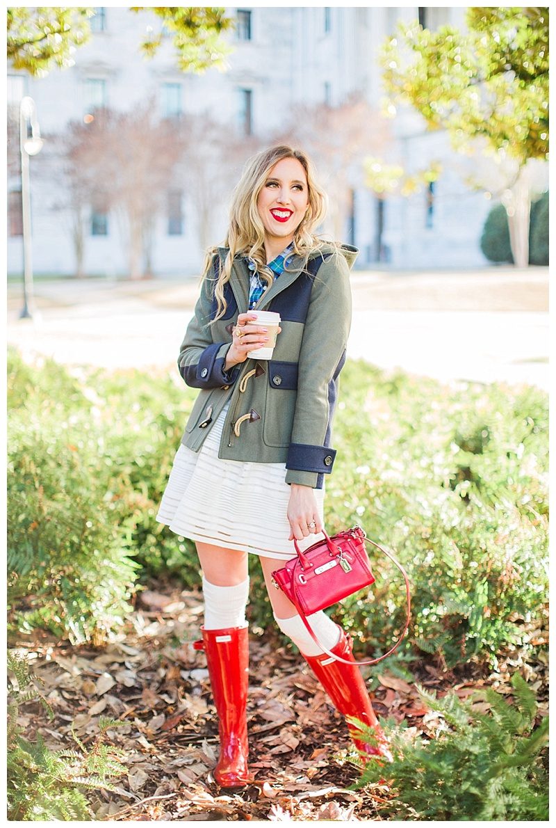 blush and camo, winter layers, style tips, hunter boots, coach bag, j. crew coat 