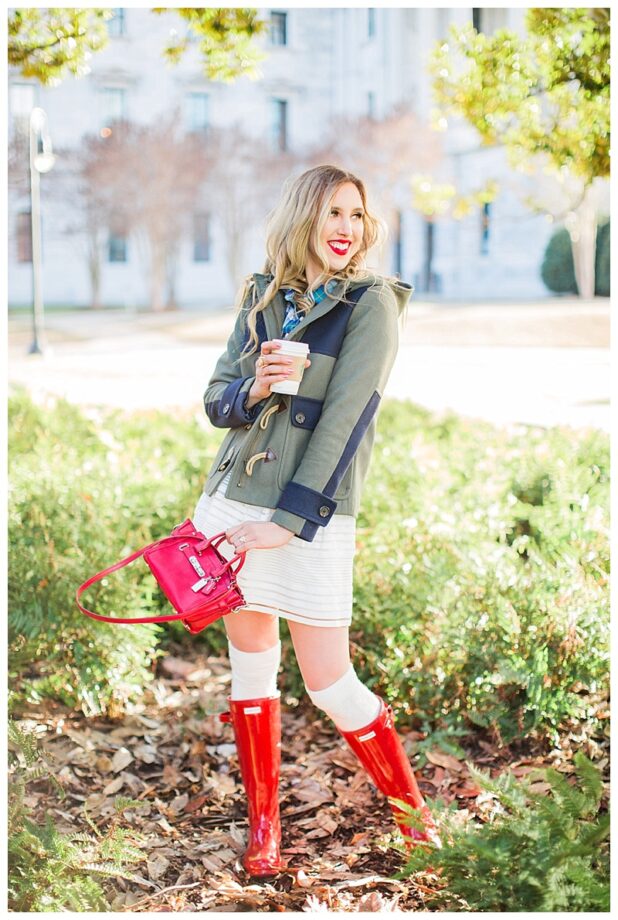 blush and camo, winter layers, style tips, hunter boots, coach bag, j. crew coat