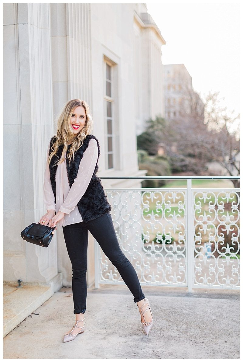 blush and camo, style tips, faux fur, valentino rockstud flats, blush, style blog, black handbag 