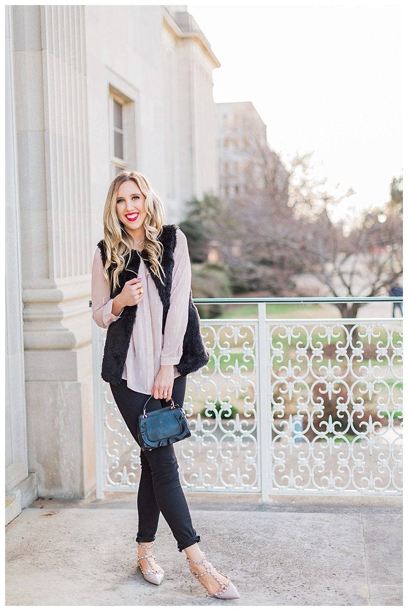 blush and camo, style tips, faux fur, valentino rockstud flats, blush, style blog, black handbag