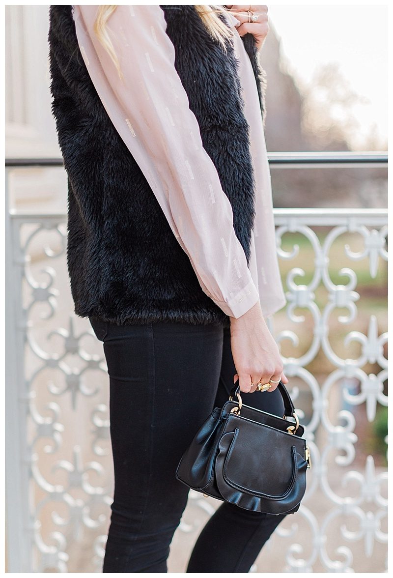 blush and camo, style tips, faux fur, valentino rockstud flats, blush, style blog, black handbag