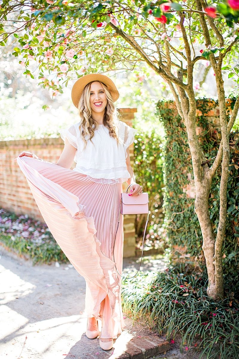 blush and camo, style tips, blog tips, photography tips, pink skirt, boater hat, spring style, fashion blogger style 