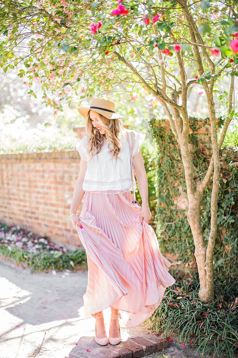 blush and camo, style tips, blog tips, photography tips, pink skirt, boater hat, spring style, fashion blogger style 