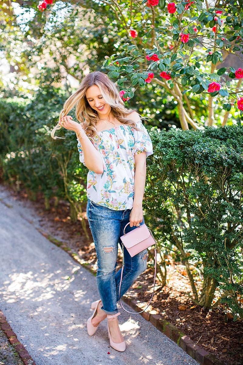 blush and camo, spring style, plum pretty sugar, ripped denim, shop maude, blonde hair, beach waves, dsw pink shoes, kate spade handbag 