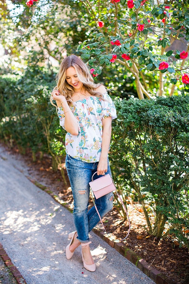 blush and camo, spring style, plum pretty sugar, ripped denim, shop maude, blonde hair, beach waves, dsw pink shoes, kate spade handbag 