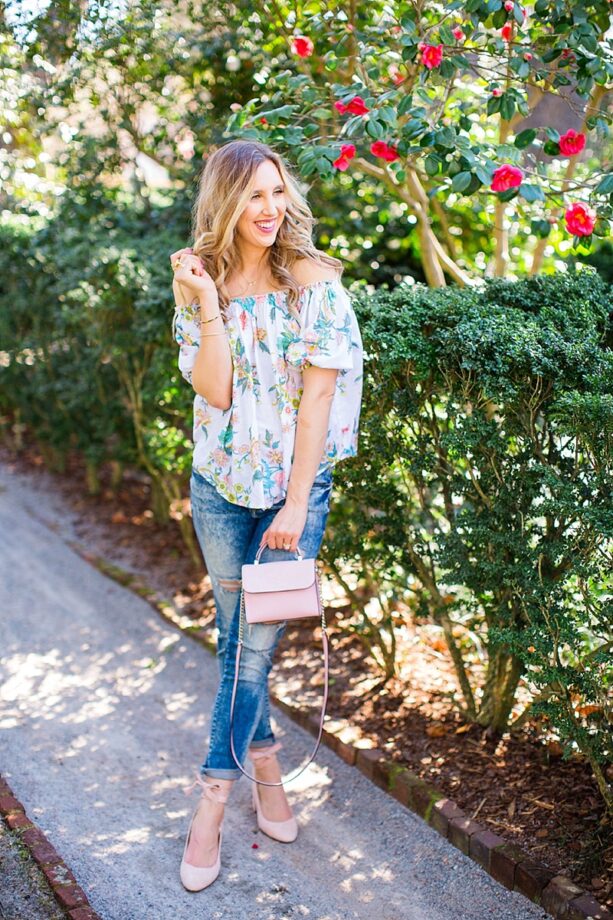 blush and camo, spring style, plum pretty sugar, ripped denim, shop maude, blonde hair, beach waves, dsw pink shoes, kate spade handbag