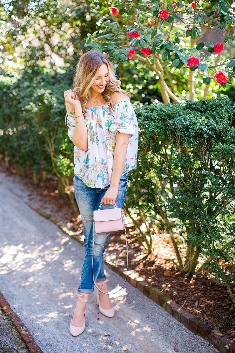 blush and camo, spring style, plum pretty sugar, ripped denim, shop maude, blonde hair, beach waves, dsw pink shoes, kate spade handbag 