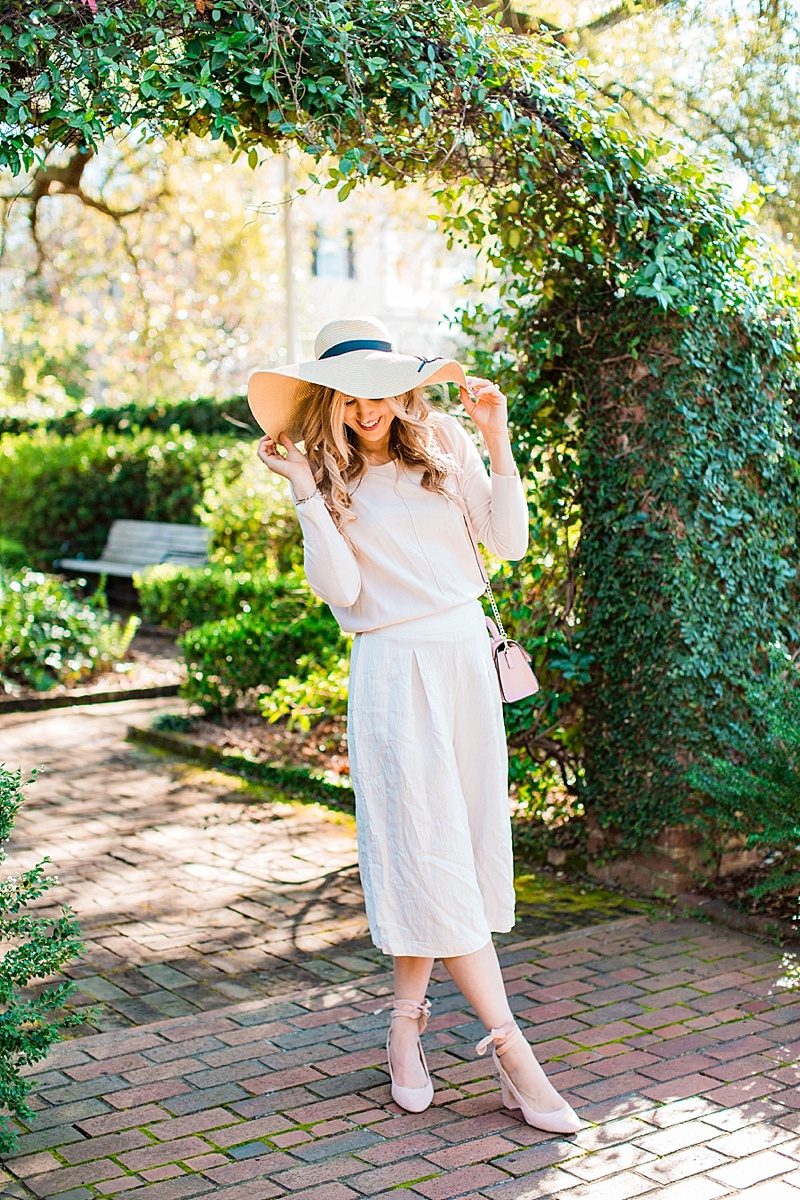 blush and camo, style tips, spring outfit, pink sweater, monochromatic outfit, floppy hat, pink heels, fashion blogger style, blogger style, chic style