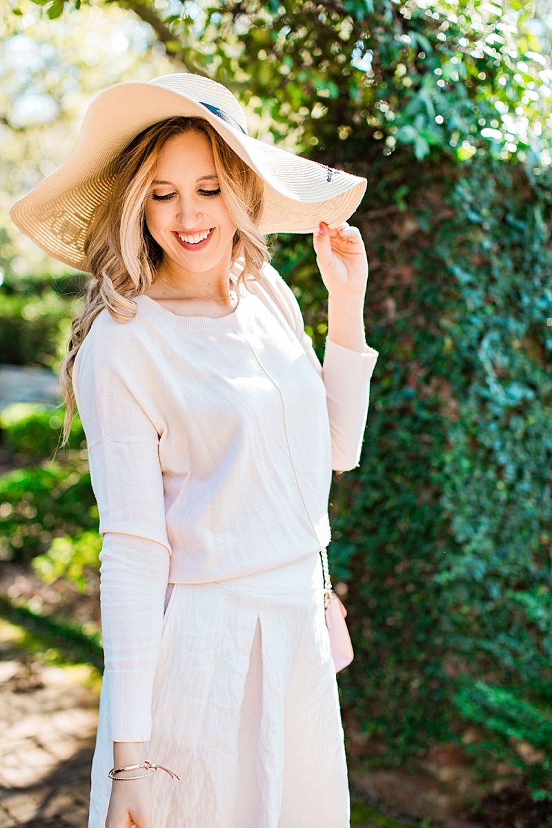 blush and camo, style tips, spring outfit, pink sweater, monochromatic outfit, floppy hat, pink heels, fashion blogger style, blogger style, chic style