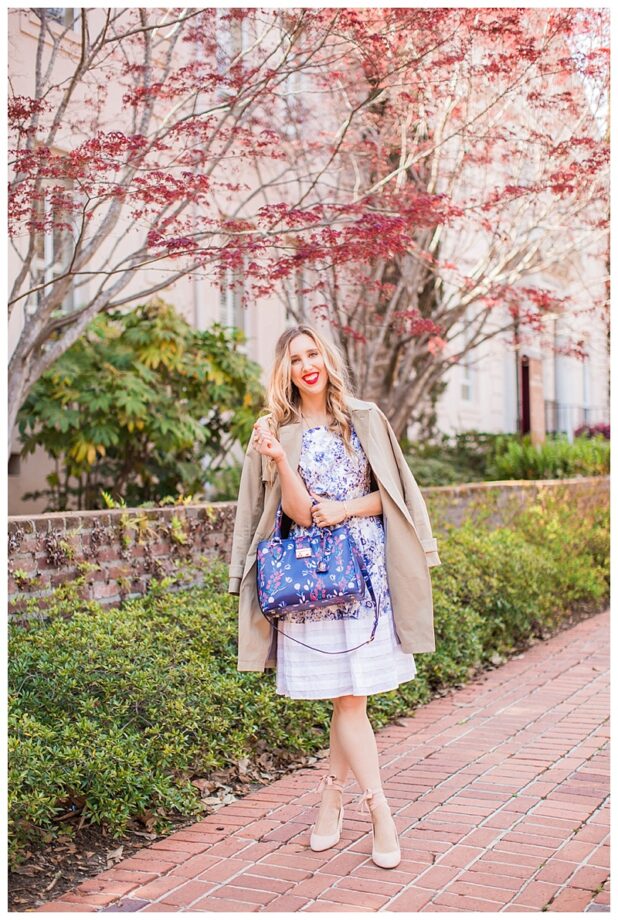 blush and camo, style tips, trench coat, wardrobe staple, pink heels, draper james, blue handbag