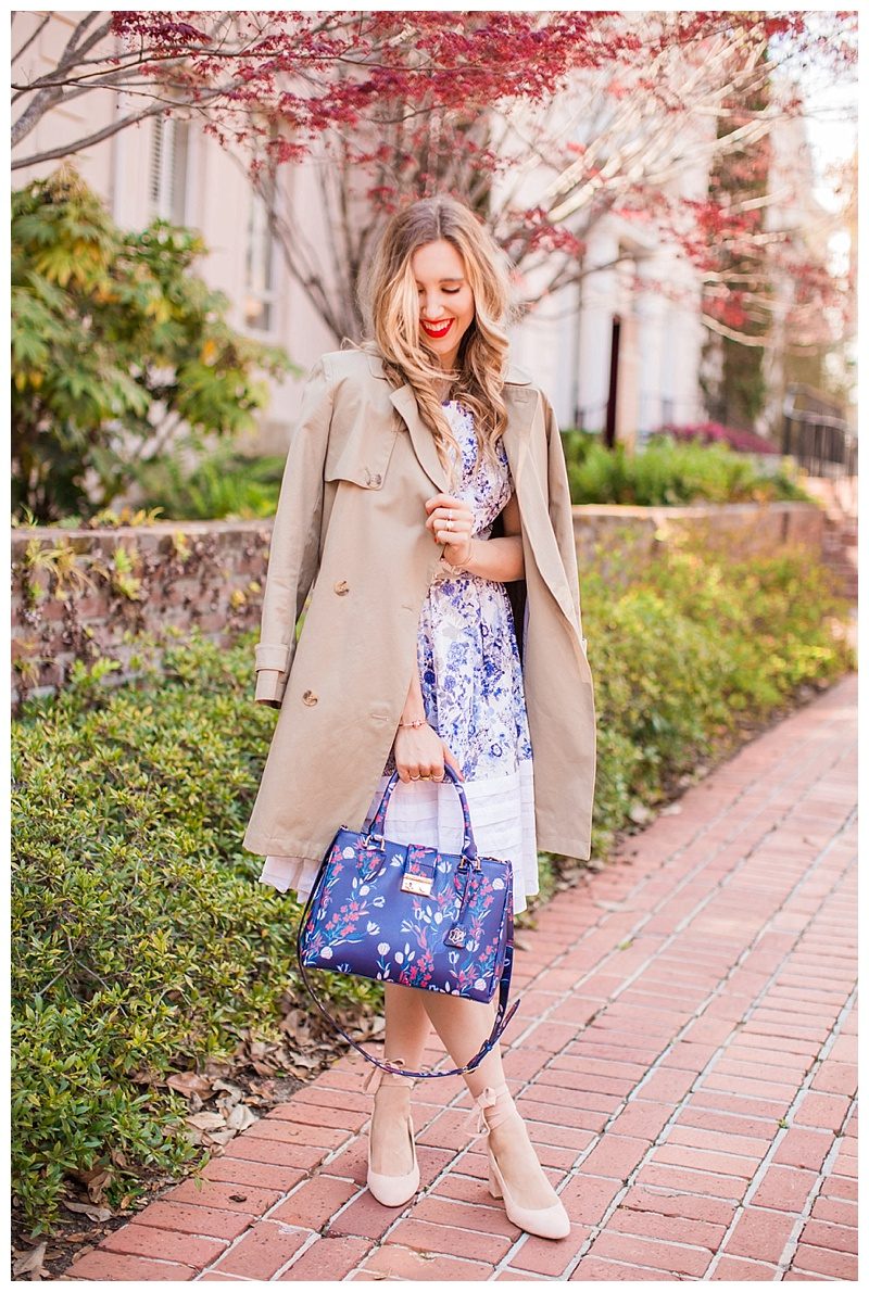 blush and camo, style tips, trench coat, wardrobe staple, pink heels, draper james, blue handbag 