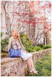 blush and camo, style tips, trench coat, wardrobe staple, pink heels, draper james, blue handbag