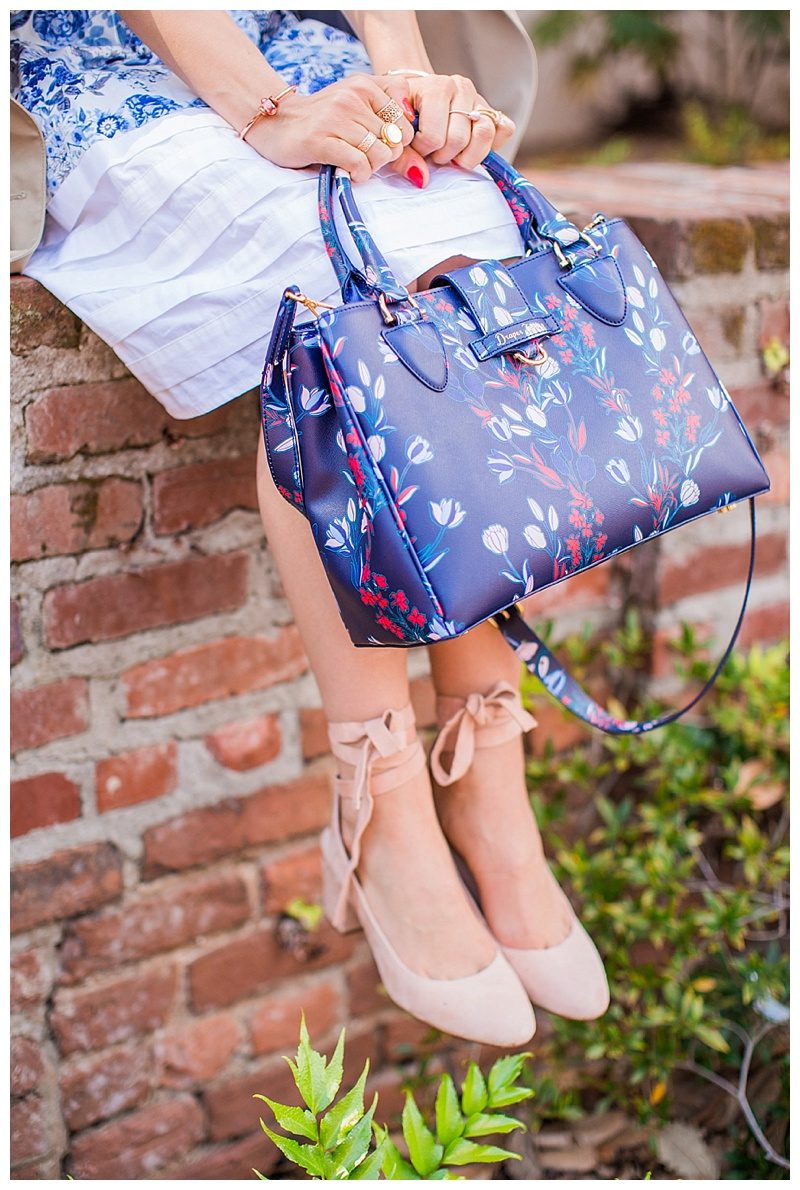 blush and camo, style tips, trench coat, wardrobe staple, pink heels, draper james, blue handbag 