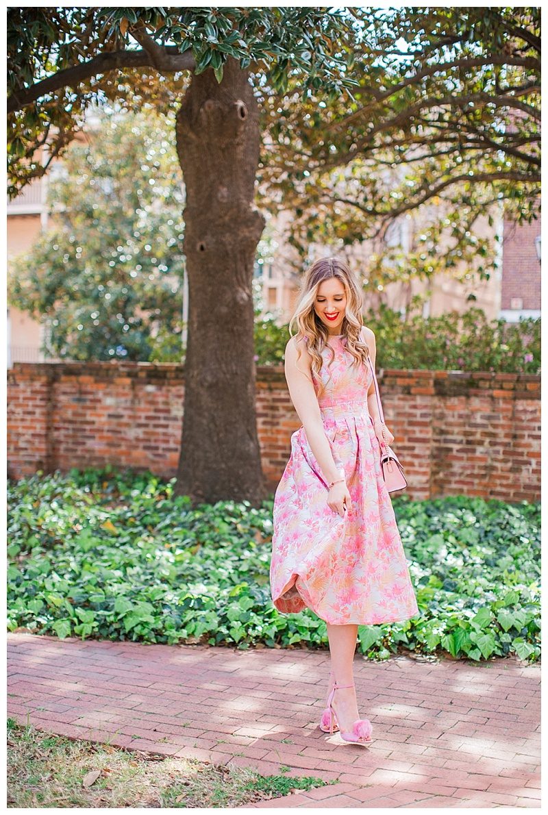 blush and camo, style blog, blush dress, pom heels, kate spade handbag 