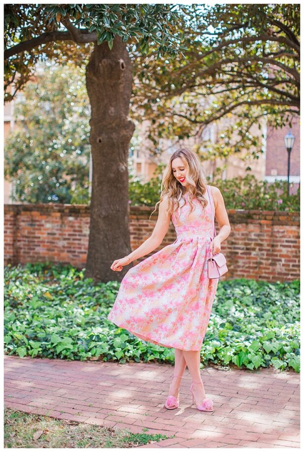 blush and camo, style blog, blush dress, pom heels, kate spade handbag