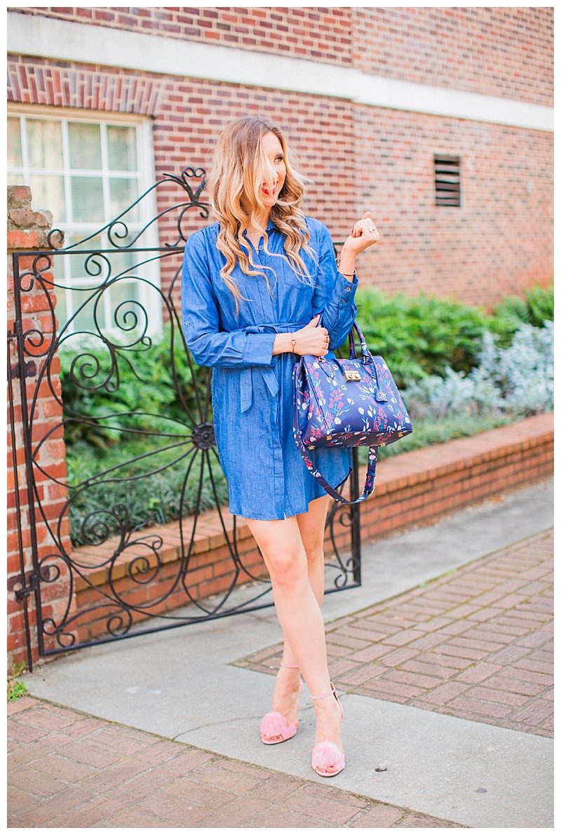 blush and camo, draper james, chambray dress, pink heels, spring style, fashion blogger style, denim dress, shirt dress. red lip 