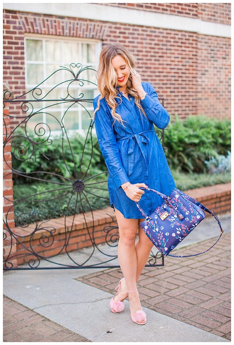  blush and camo, draper james, chambray dress, pink heels, spring style, fashion blogger style, denim dress, shirt dress. red lip 