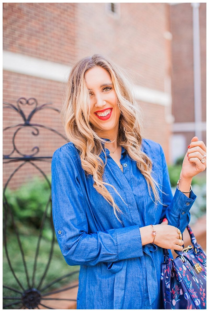 blush and camo, draper james, chambray dress, pink heels, spring style, fashion blogger style, denim dress, shirt dress. red lip 