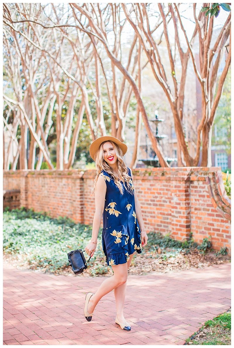 blush and camo, style tips, photography tips, chanel flats, boater hat, spring style, floral dress, blog tips