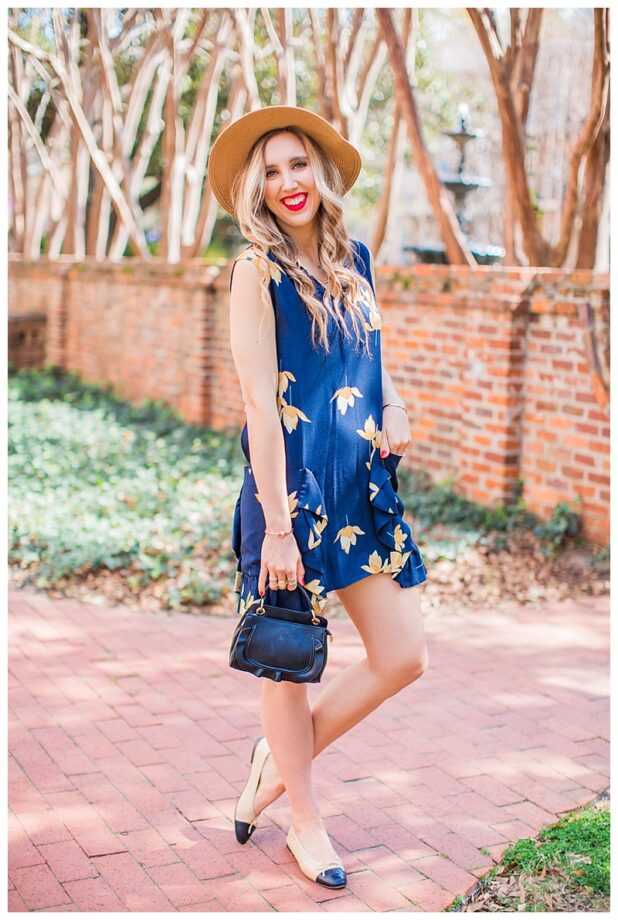 blush and camo, style tips, photography tips, chanel flats, boater hat, spring style, floral dress, blog tips