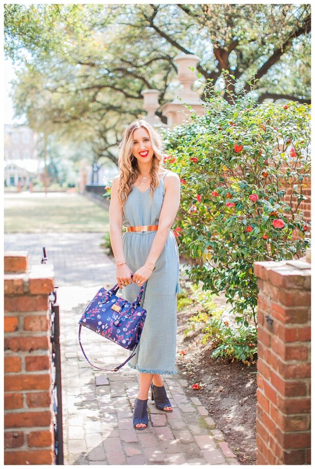 blush and camo, spring trend, romper, style tips, shop maude, romper, booties, draper james handbag