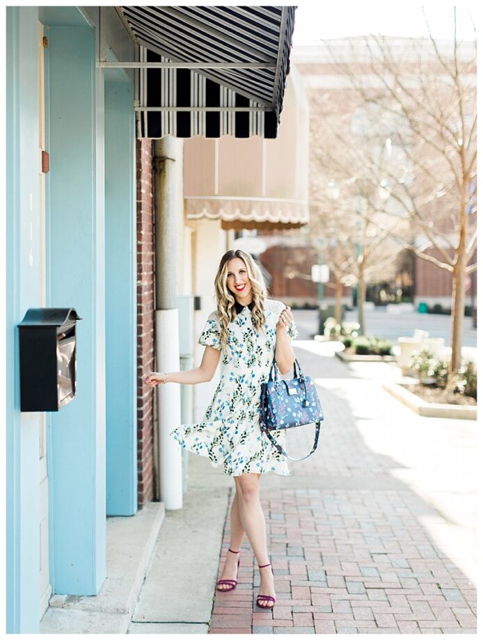 blush and camo, draper james, draper james dress, spring outfit, spring style, floral dress, block heels, draper james handbag, navy dress, blog tips, how to find balance