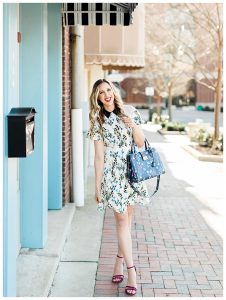blush and camo, draper james, draper james dress, spring outfit, spring style, floral dress, block heels, draper james handbag, navy dress, blog tips, how to find balance