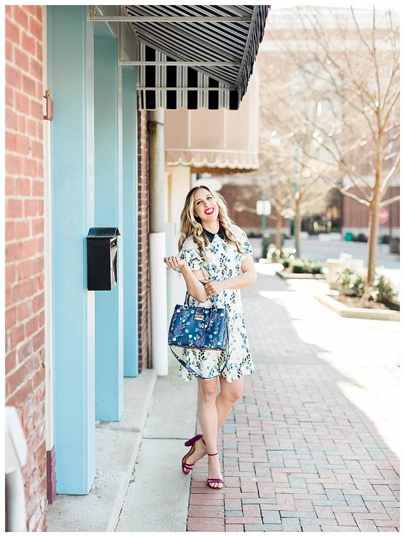 blush and camo, draper james, draper james dress, spring outfit, spring style, floral dress, block heels, draper james handbag, navy dress, blog tips, how to find balance 