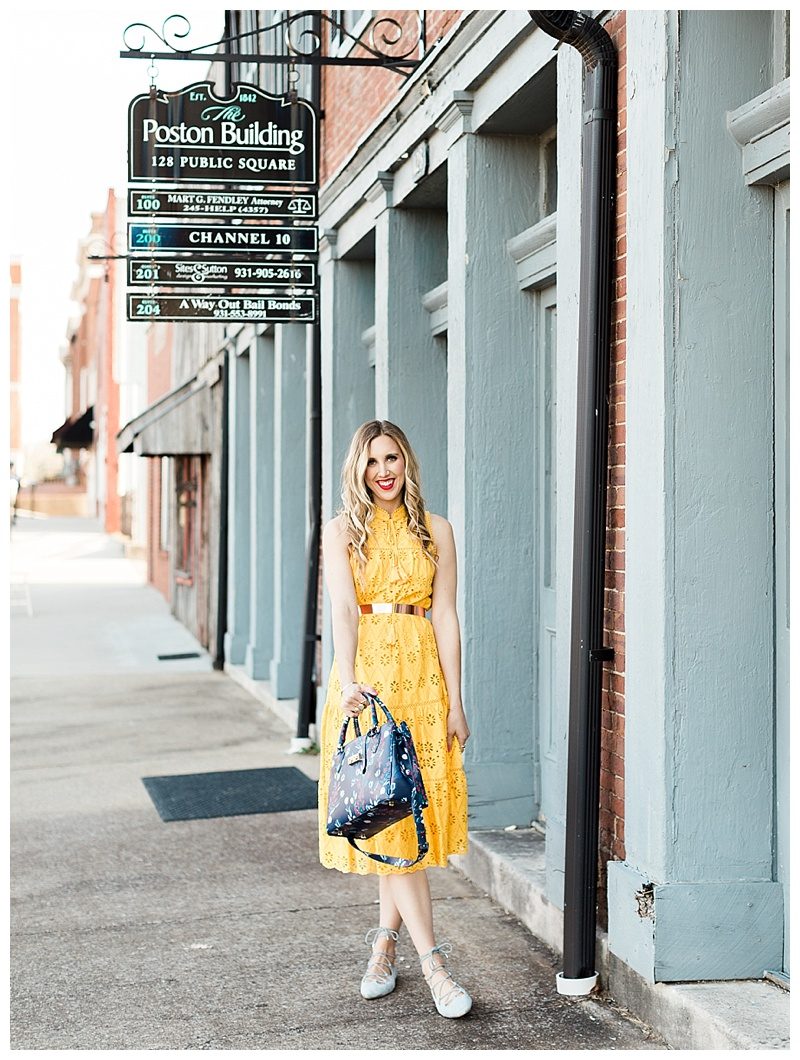 blush and camo, yellow dress, kate spade dress, draper james, draper james handbag, spring style, how to style, style tips 