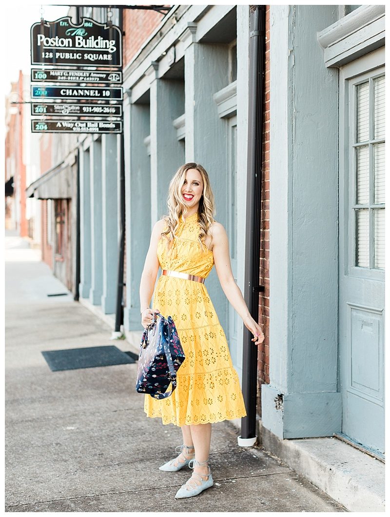 blush and camo, yellow dress, kate spade dress, draper james, draper james handbag, spring style, how to style, style tips 