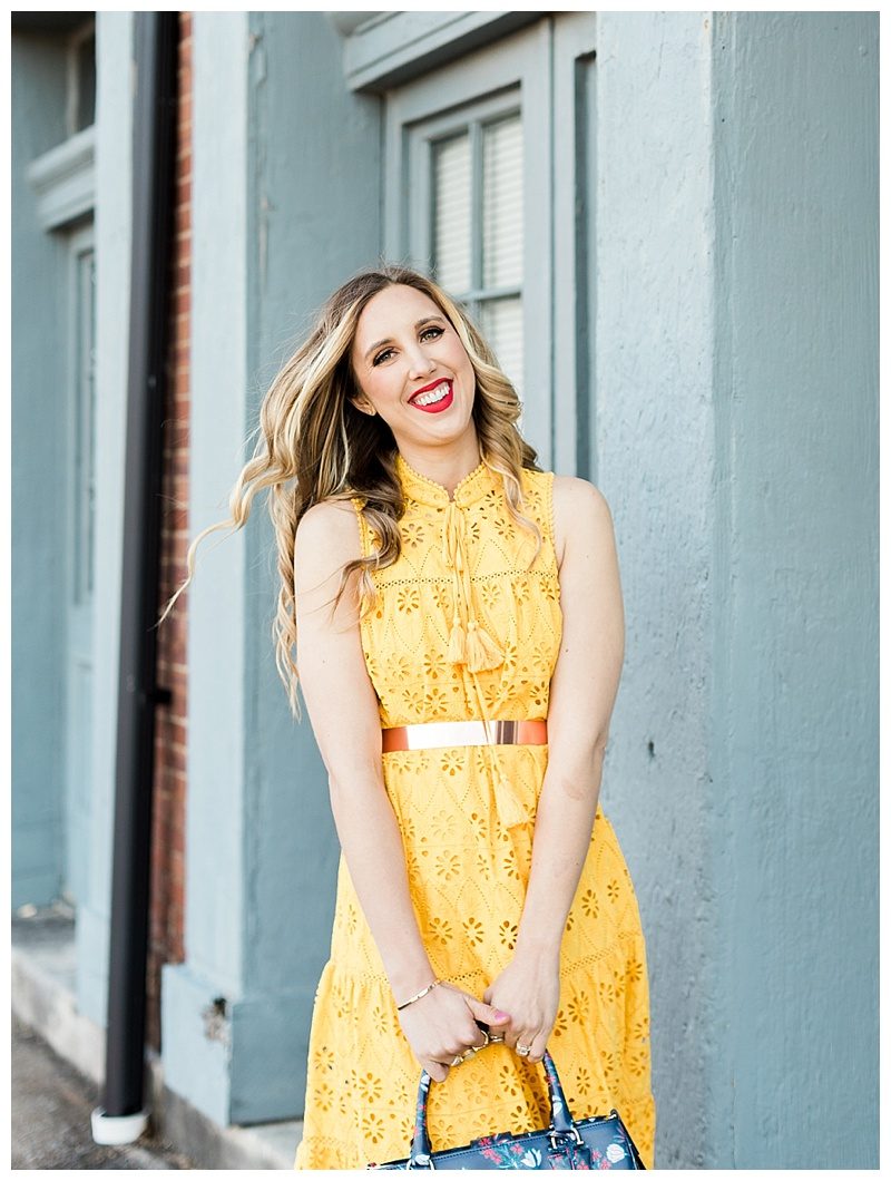 blush and camo, yellow dress, kate spade dress, draper james, draper james handbag, spring style, how to style, style tips 