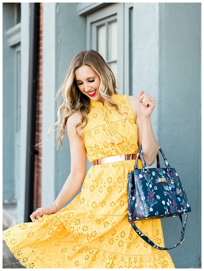 blush and camo, yellow dress, kate spade dress, draper james, draper james handbag, spring style, how to style, style tips