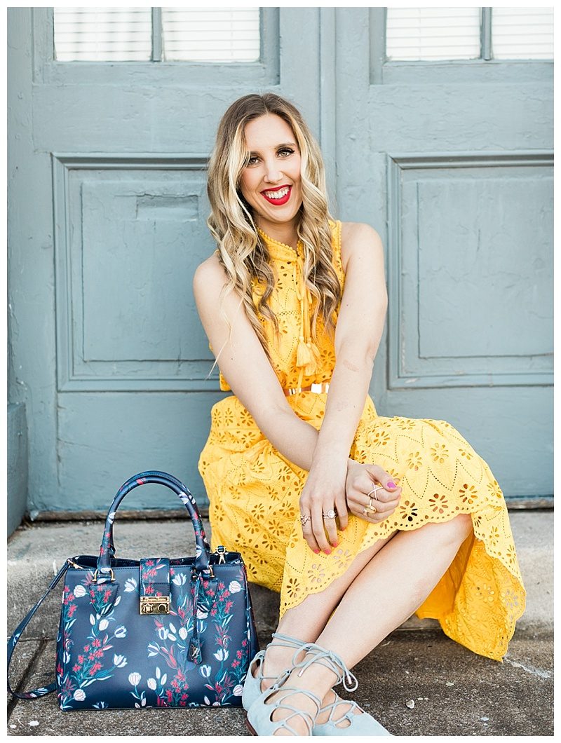 blush and camo, yellow dress, kate spade dress, draper james, draper james handbag, spring style, how to style, style tips 