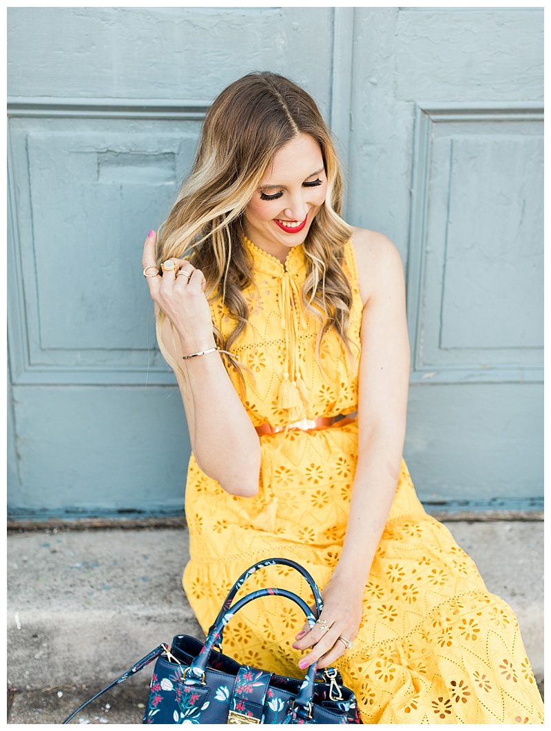 blush and camo, yellow dress, kate spade dress, draper james, draper james handbag, spring style, how to style, style tips 