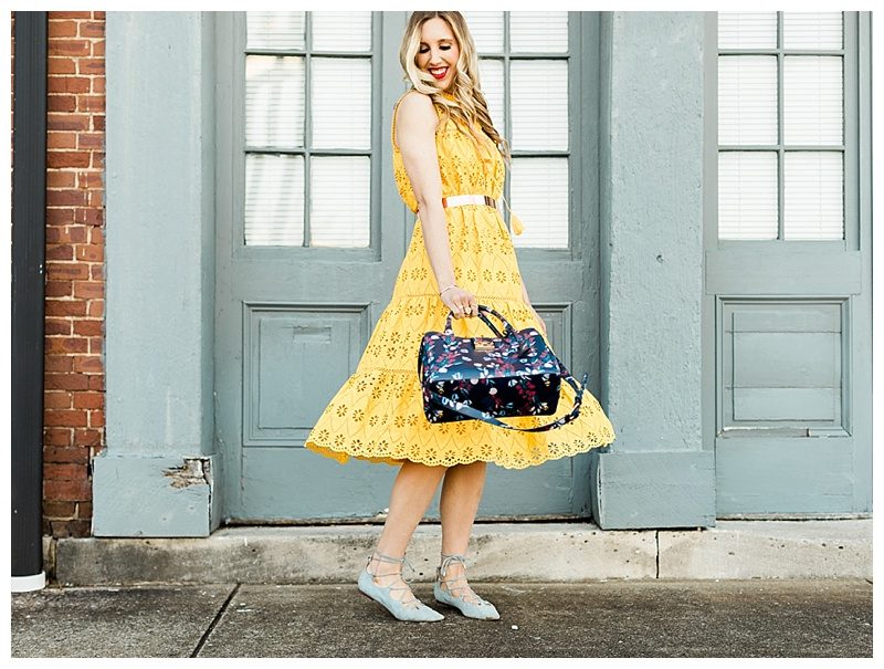 blush and camo, yellow dress, kate spade dress, draper james, draper james handbag, spring style, how to style, style tips 