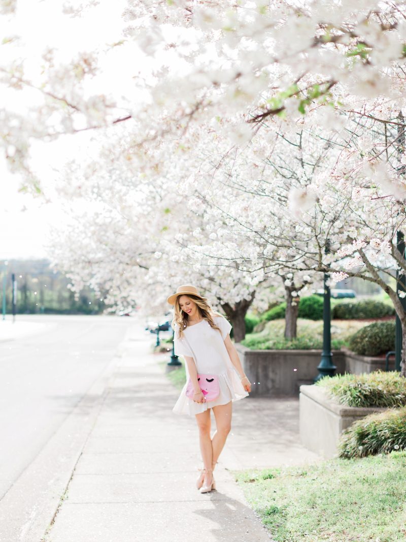 blush and camo, white dress, spring style 