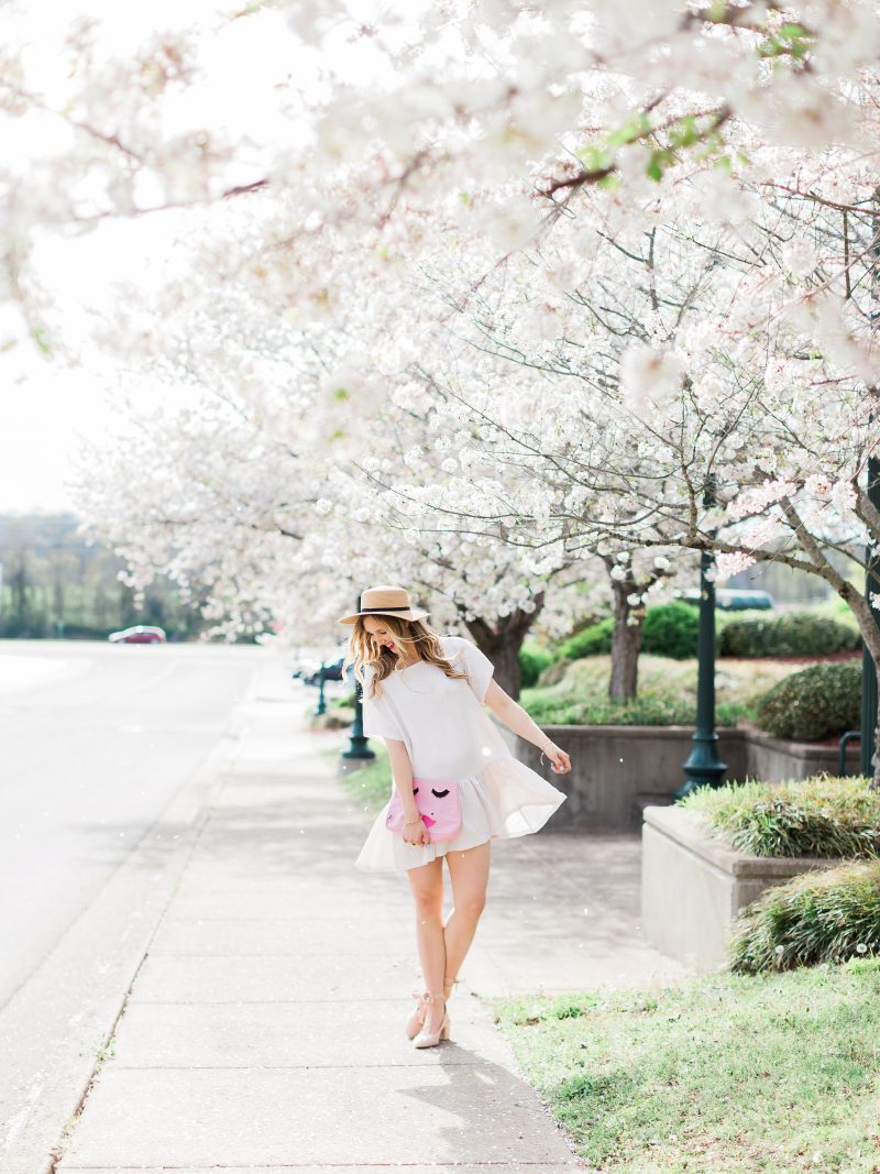 blush and camo, white dress, spring style 