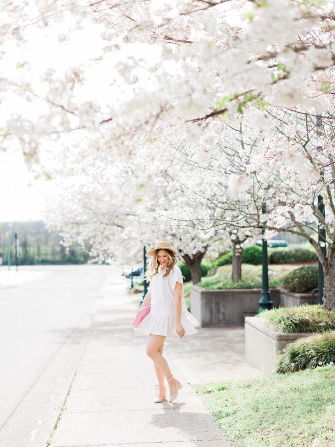 blush and camo, white dress, spring style