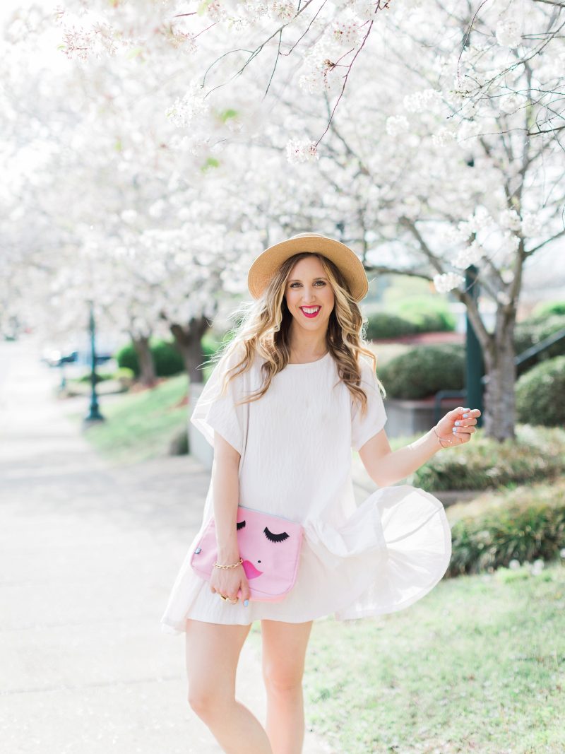 blush and camo, white dress, spring style 