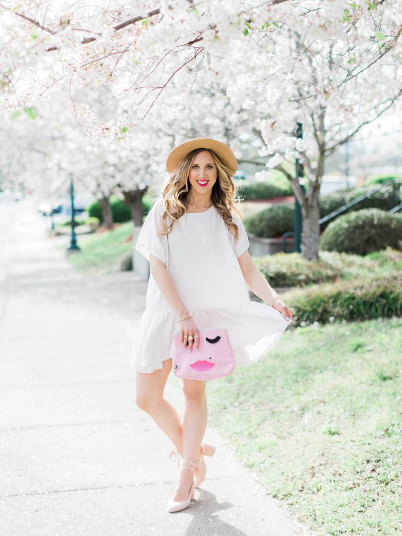 blush and camo, white dress, spring style 