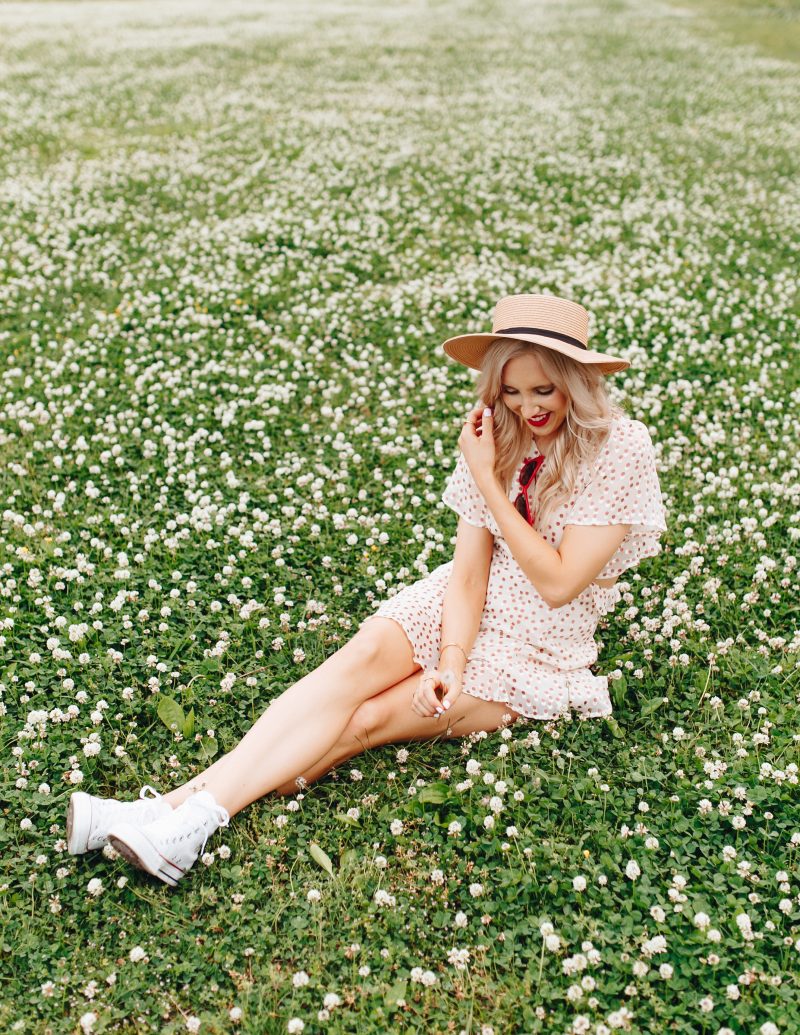 blush & camo, style change, polka dot dress, converse shoes, boater hat, red lip, summer dress, casual summer dress, polka dots, ASTR dress